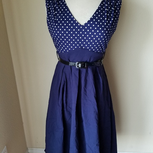 Sapphyra Navy Blue Polka Dot Retro Flare Dress - Picture 8 of 8